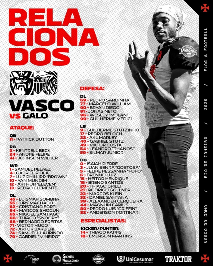 futebol-americano:-confira-os-relacionados-do-vasco-almirantes-para-o-jogo-contra-o-galo